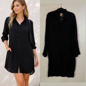 Japna Beachwear Cover Up Women’s Large Black Long Sleeve Roll Tab Button Down